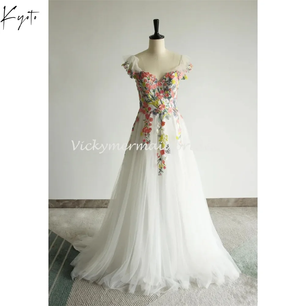 

Kyoto White Floral Sleeveless Wedding Dresses A-line Customized جديد في الفساتين Sweep Train Elegant vestido de gala noche mujer