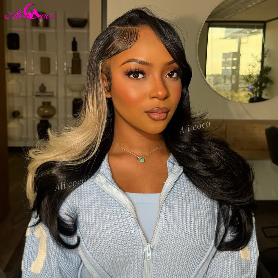 

P1B/613 Black Highlights Human Hair Brazilian 180 Density Closure Pre Plucked Wigs Transparent Invisible HD Lace Front Body Wave