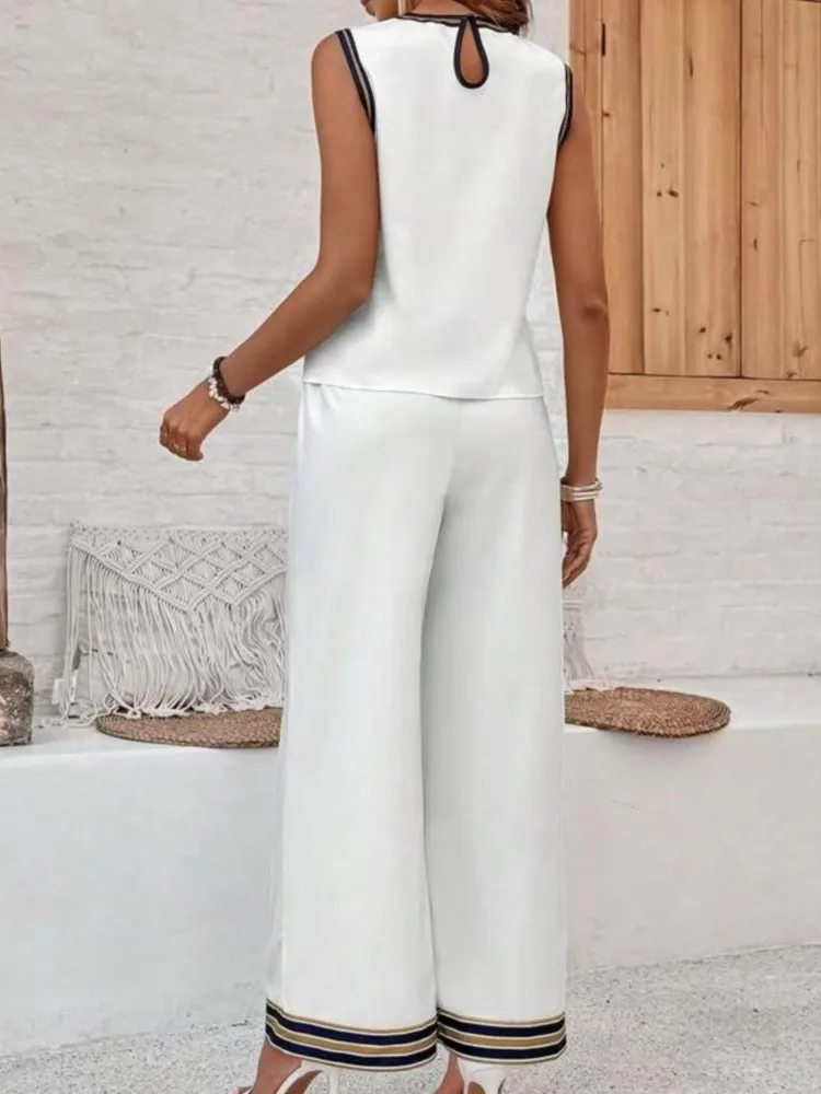 レディースファッション ノースリーブトップスとハイウエストワイドレッグパンツの2ピースセット エレガントなパッチワークデザイン ボヘミアン風 ホリデー/夏服