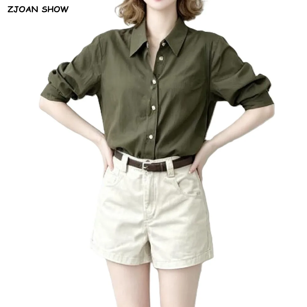 Spring Autumn CHIC Women Army green Lapel Collar Long Sleeve Linen Shirt Single-breasted Buttons Loose Crop Hem Blouse Base Tops