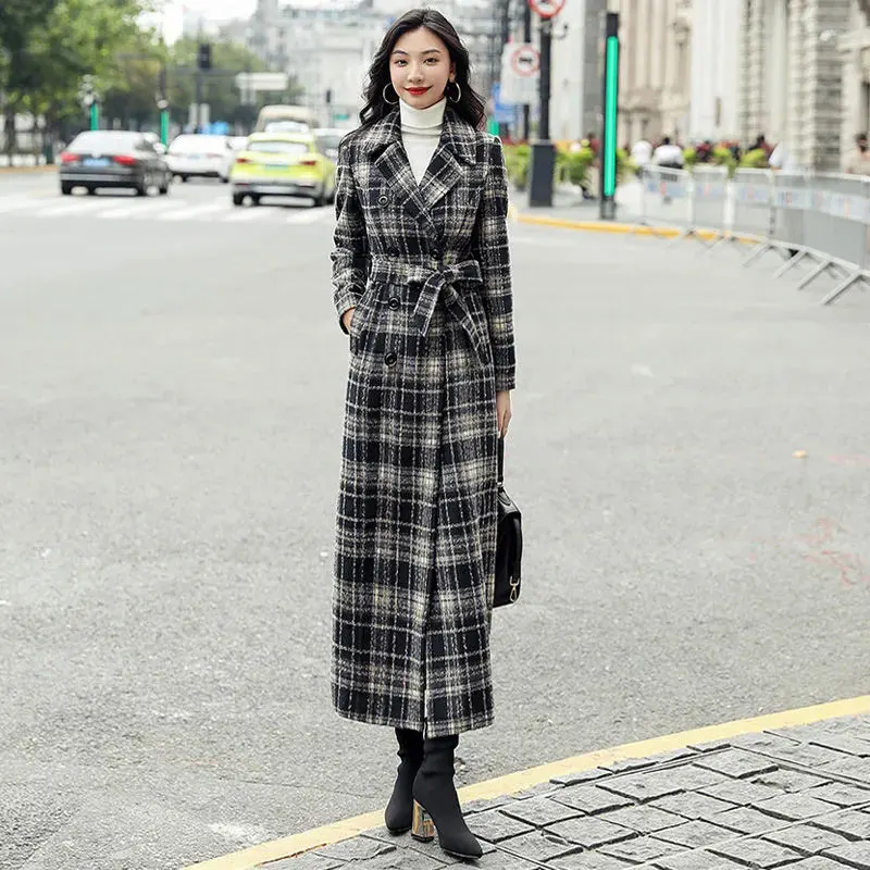 

Fashionable Elegant Woolen Coat For Women 2025 Winter New Mid-Length Knee-Length Belt Slimming Plaid Tweed Overcoat Female