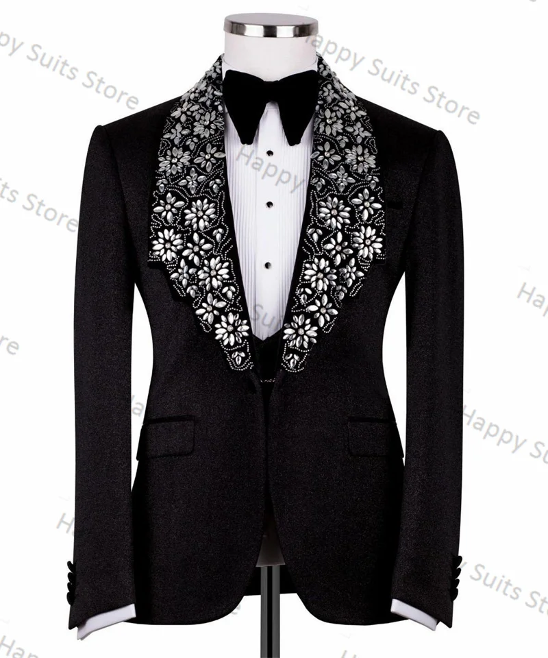 

Shiny Black Men Suit Set 2 Pieces Crystal Blazer+Cotton Pant Formal Work Office Male Jacket Prom Coat Trousers Wedding Tuxedos