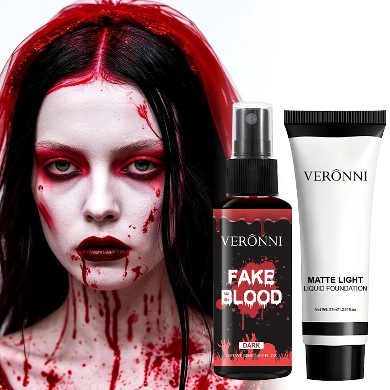 VERONNI Halloween Zombie Makeup Set Fake Blood Spray+Matte White Liquid Foundation Cosplay Clown Special Effects SFX Make Up Kit
