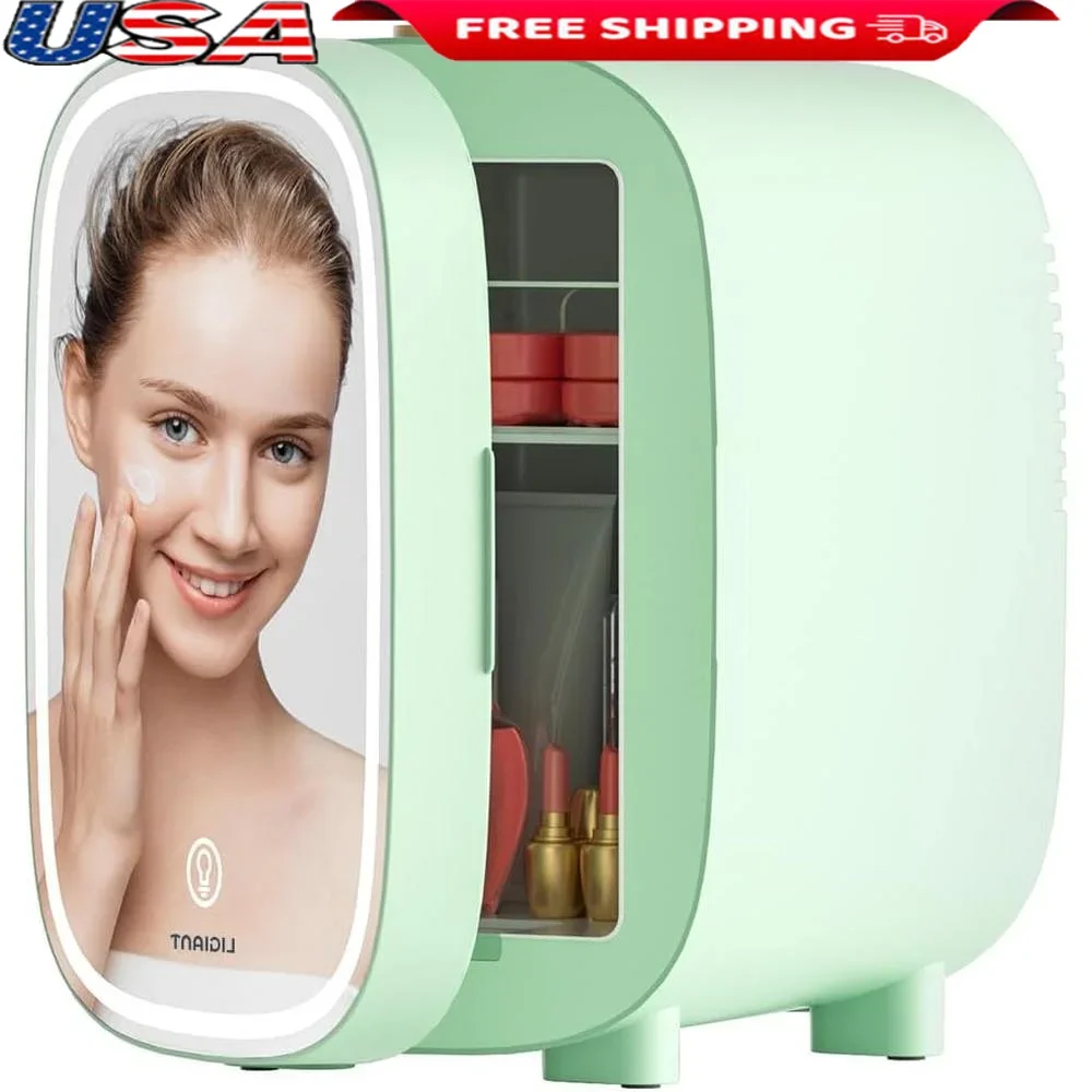 Skincare Mini Fridge LED Light Mirror 4L Low Noise Dual Cooling Heating Portable Design Frost Free Beauty Organizer