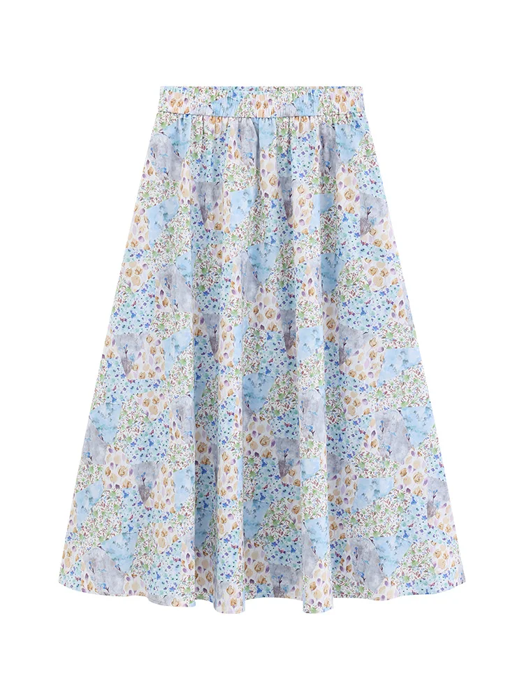 Elegant Floral A-Line Midi Skirt for Women High Waist Elastic Waist Summer Skirt French Style Lightweight Flowy Vacation Skirt