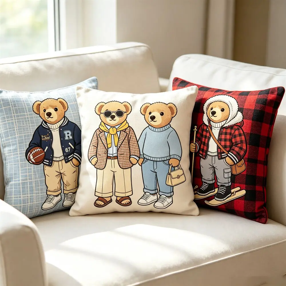 Cute Cartoon Bear Throw Pillow Cover Vintage Teddy Bear Decorative Cushion Case For Sofa Bedroom Home Decor 45x45cm Lovely Gift