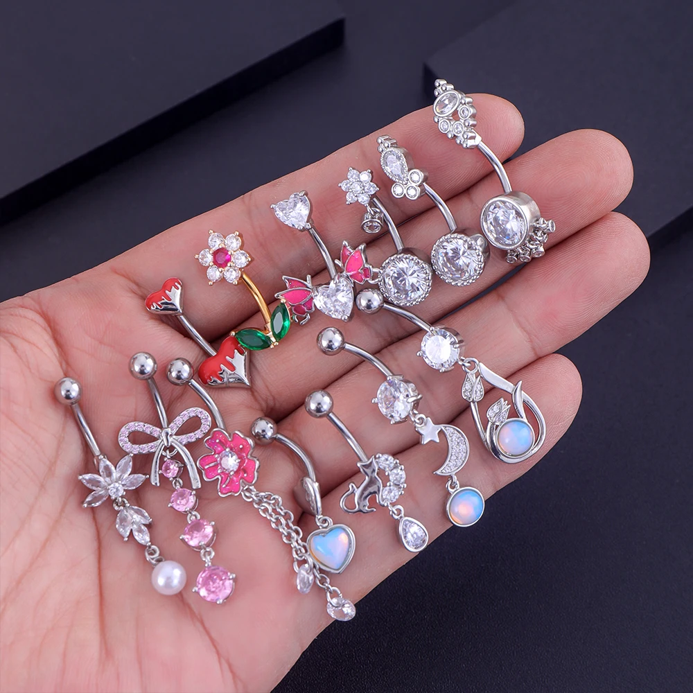 14G Curved Opal Dangled CZs Belly Button Rings Heart Butterfly Cute Cat Water-Drop Navel Piercing Nombril Sexy Body Belly Rings