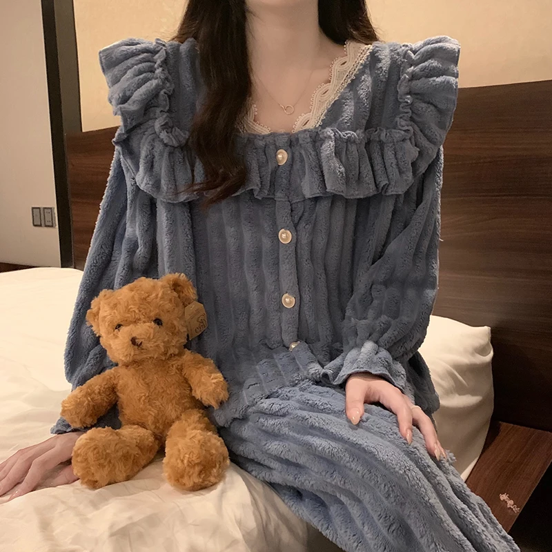 

Coral Fleece Pajamas for Young Girl Autumn and Winter Fleece-lined Warm Flannel 2XL Plus size Student Dormitory Homewear Set