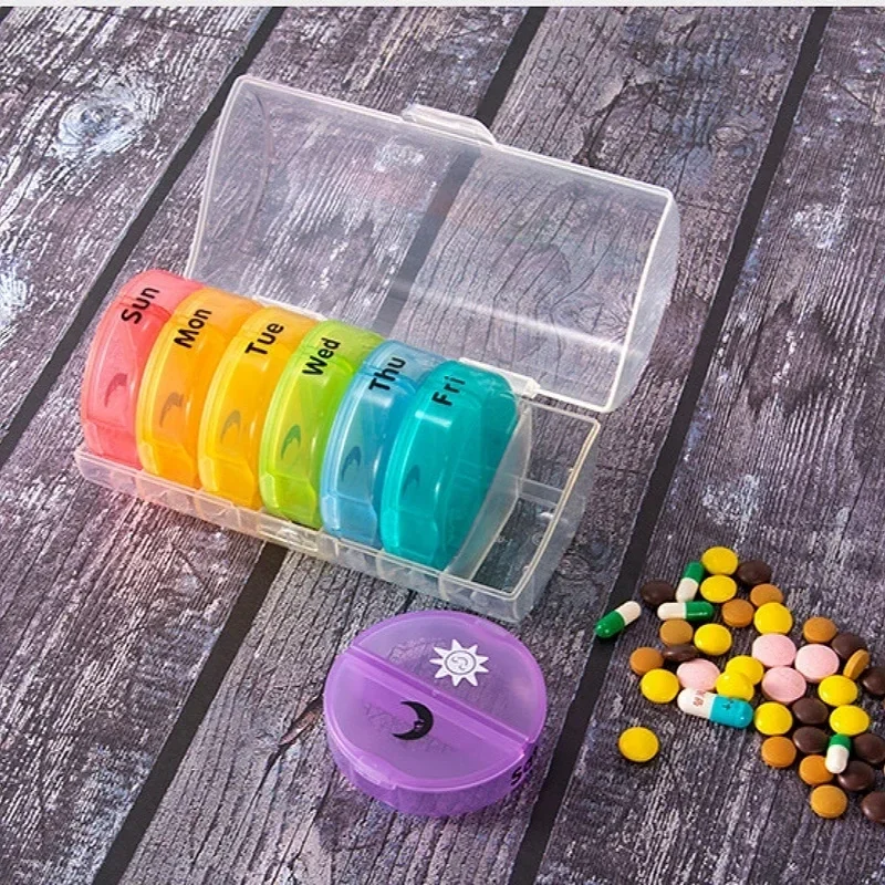 

Travel Portable Pill Box Colorful Upgraded Weekly Pill Organizer 3 Times A Day with A Moisture-Proof Clear Storage Box