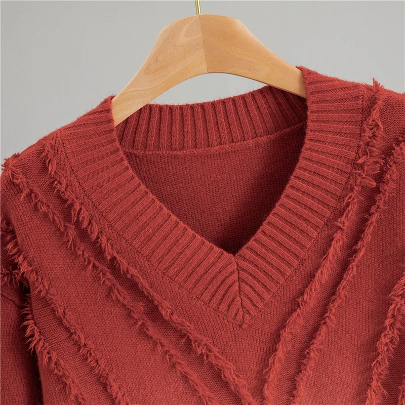 스웨터 여성 풀오버 니트 탑 태슬 V넥 패치워크 풀오버 니트 탑 오피스 레이디 니트웨어 점퍼 가을 겨울