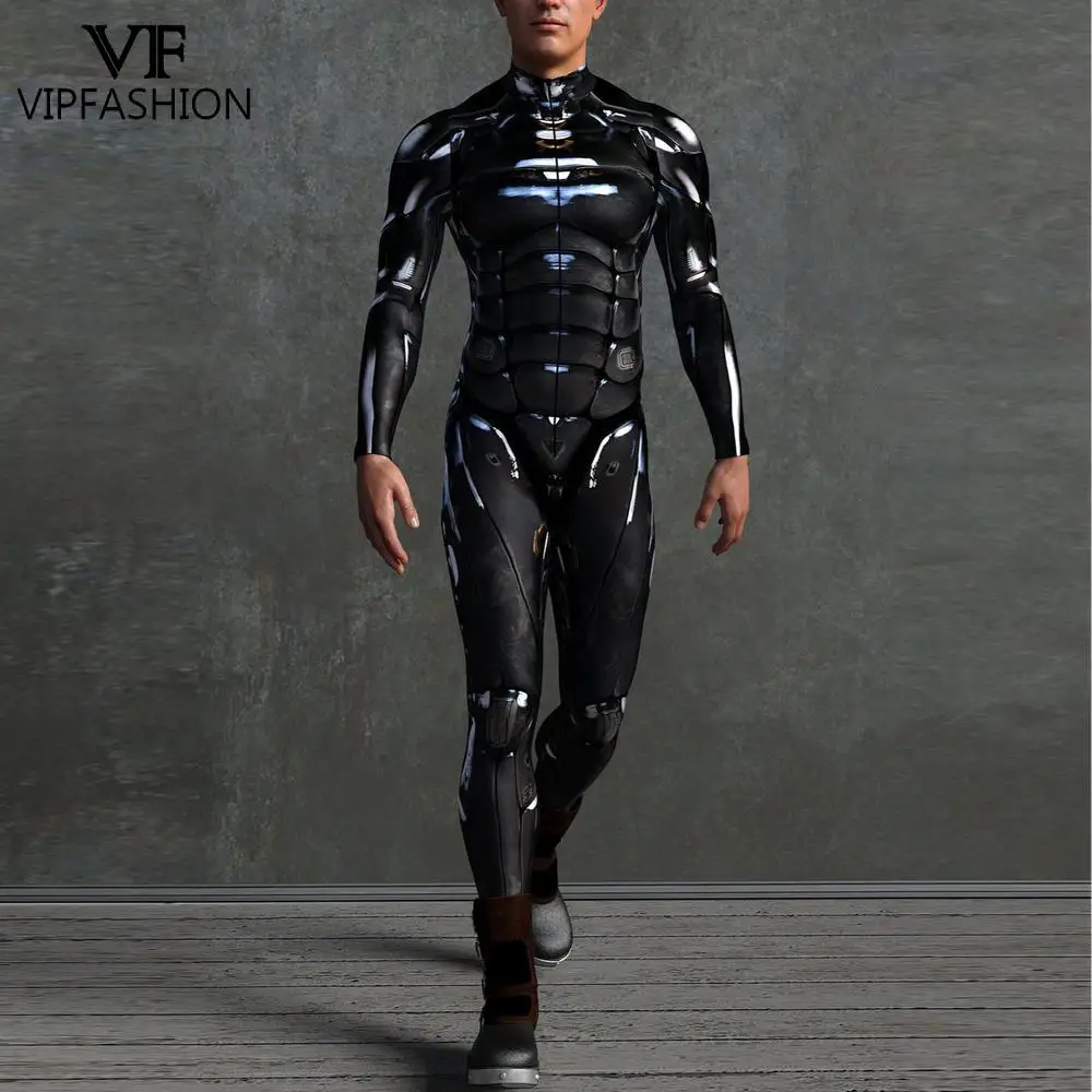 VIP FASHION Zentai Suit for Men Festival Catsuit Front Zipper Punk Jumpsuit Print Robot Cosplay Bodysuit Holiday Party Clothes