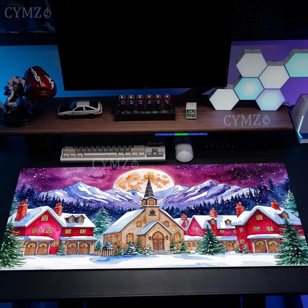 

Full moon starry sky and Christmas town Mouse Pad Desk Mat Non-Slip Stitched Edge desk accessories Mouse carpet office rug