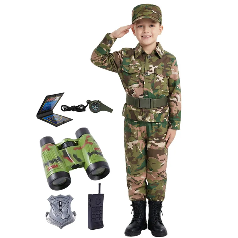Kids Soldier Costume for Kid Party Army Costume camouflage Costumes for Boys Jungle Field Sniper Set with Pistol Compass Whistle