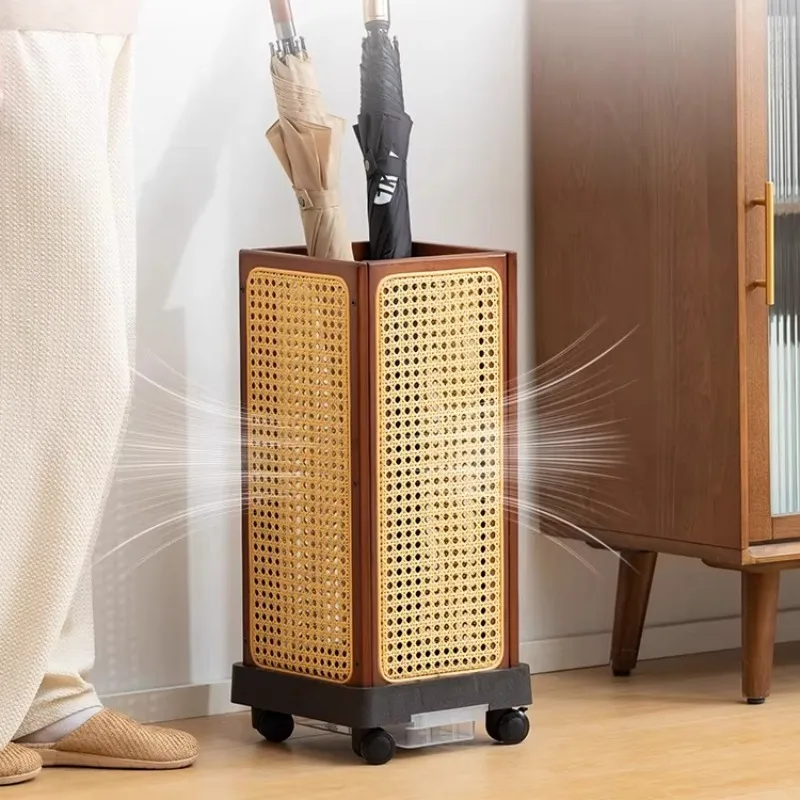 

Подставка для зонтов из плетеного ротанга, мобильный напольный держатель с поддоном для сбора капель, портативный органайзер для прихожей с выдвижным ведром