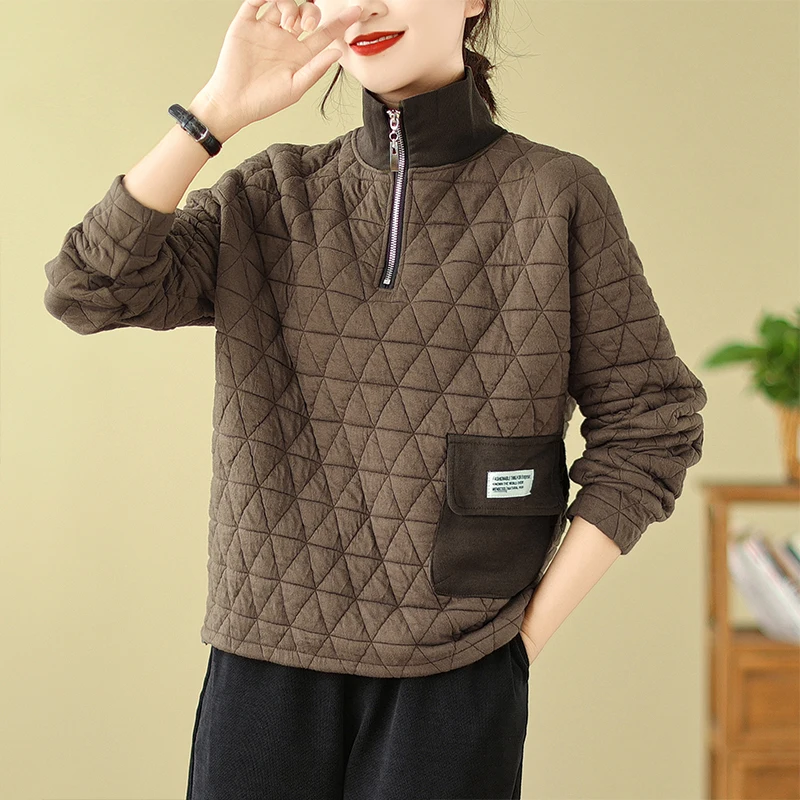 Baumwolle halben Reiß verschluss Frauen Roll kragen pullover Herbst Winter Mode Tasche Patchwork lose literarische einfache weibliche kurze Mäntel