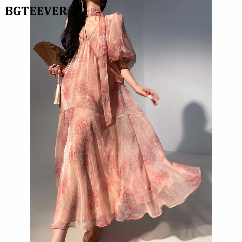 BGTEEVER Elegant V-neck Loose Women Floral Dress Summer Puff Sleeve Female A-line Dress Summer Ladies Vestidos