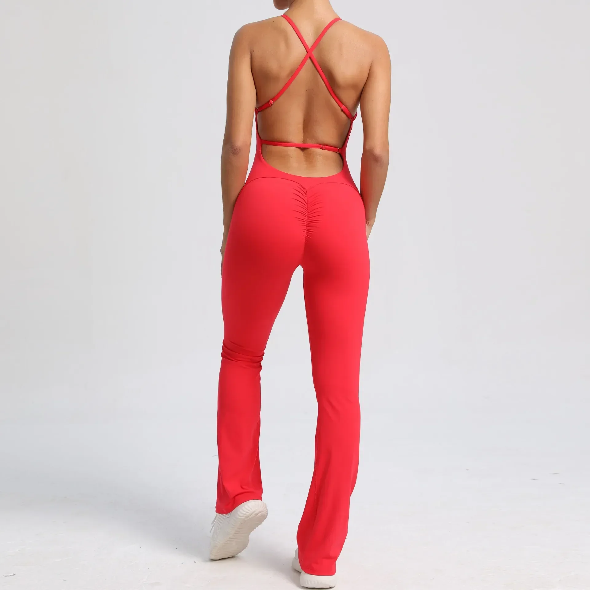 Sexy cruz sem costas scrunch macacão de fitness push up feminino roupas esportivas uma peça conjunto yoga ginásio dança esporte perna larga macacão preto