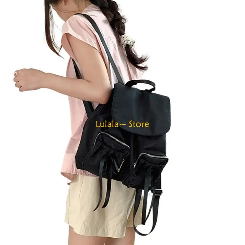 

Y4QA Korean Women School Girl Bowknot Shoulder Backpack Double Ruched Pockets Nylon School Bag Top Flap Drawstring Daypack