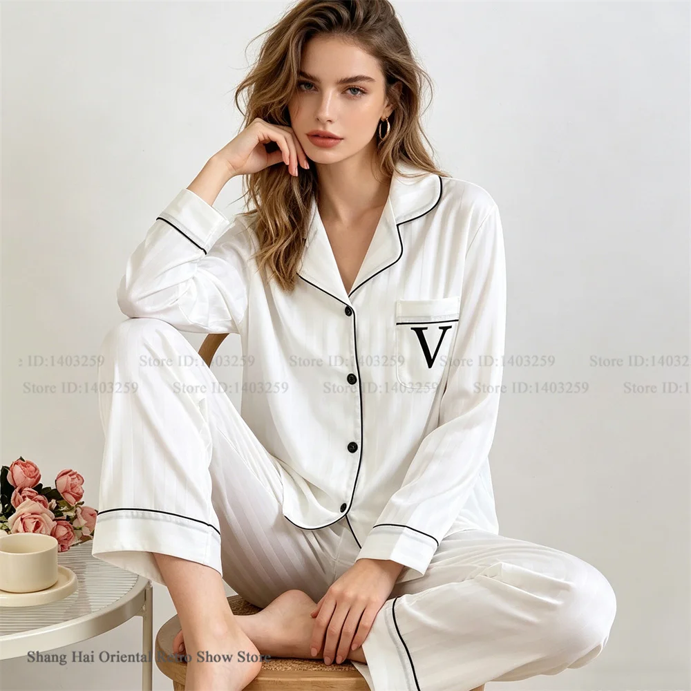

Fashion Womens Pajamas Home Clothes Elegant White Stripe Trouser Pijamas Suit Loose Ice Silk Loungewear Pyjamas Female Sleepwear