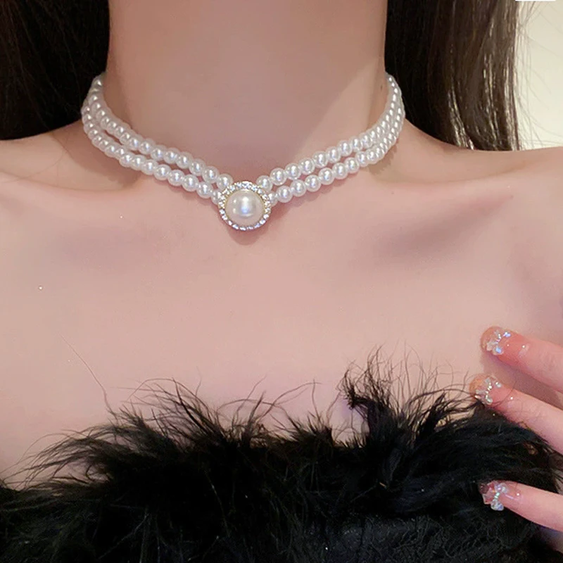 Elegant Double Layer Pearl Chokers Necklaces for Women Crystal Round Imiation Pearls Charms Necklace Short Chain Collar Jewelry