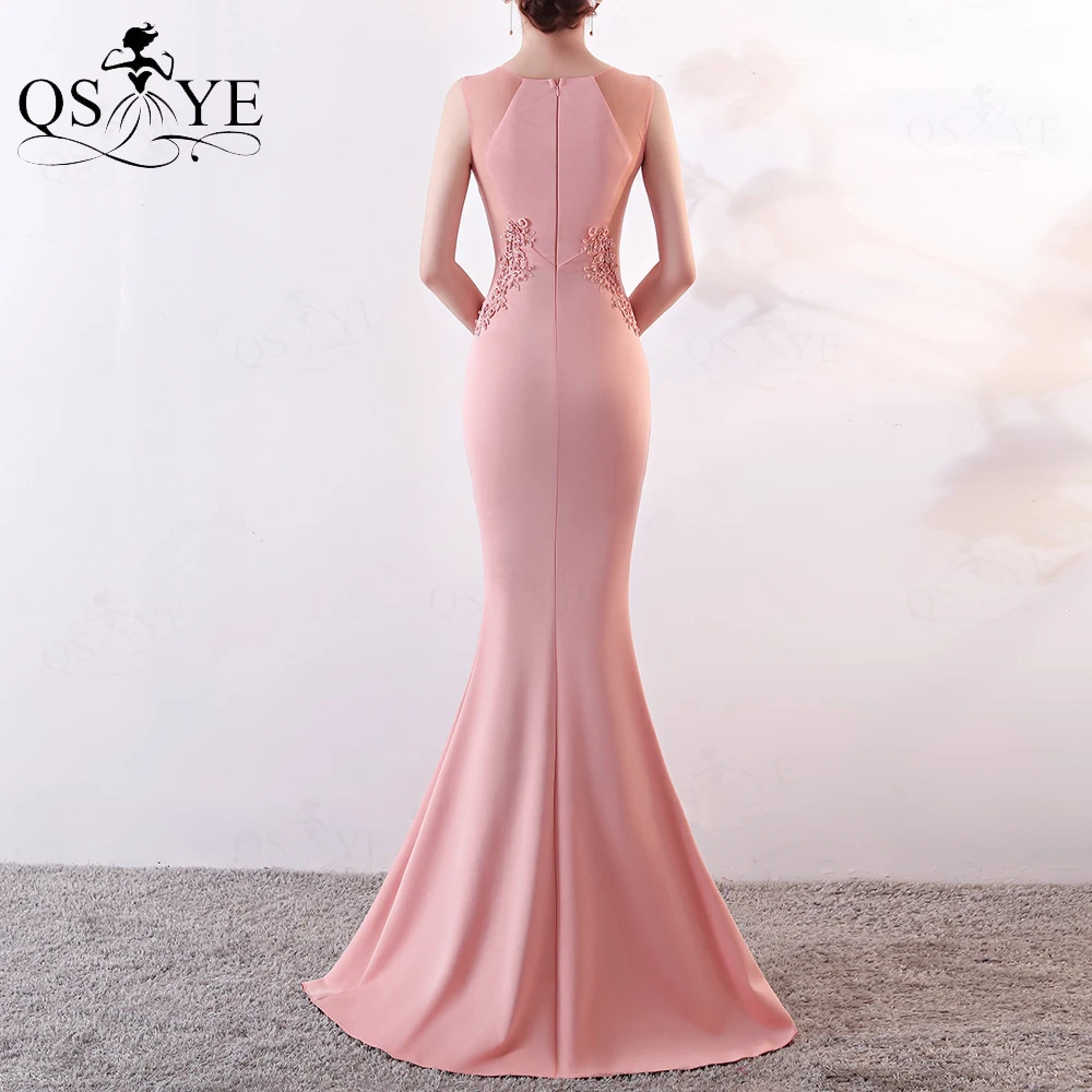 Pink Bridesmaid Dresses Illusion Waist Beaded Applique Lace Evening Prom Gown Sleeveless Long Fit Satin Formal Party Gown chic