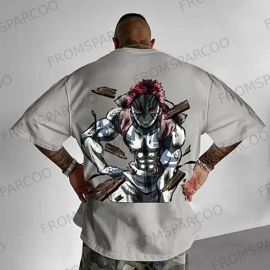 Demon Slayer T Shirt Black Cotton Short Sleeve Tops Uzui Tengen Back Print Pink Hair White Skin Design for Men 2025 Summer
