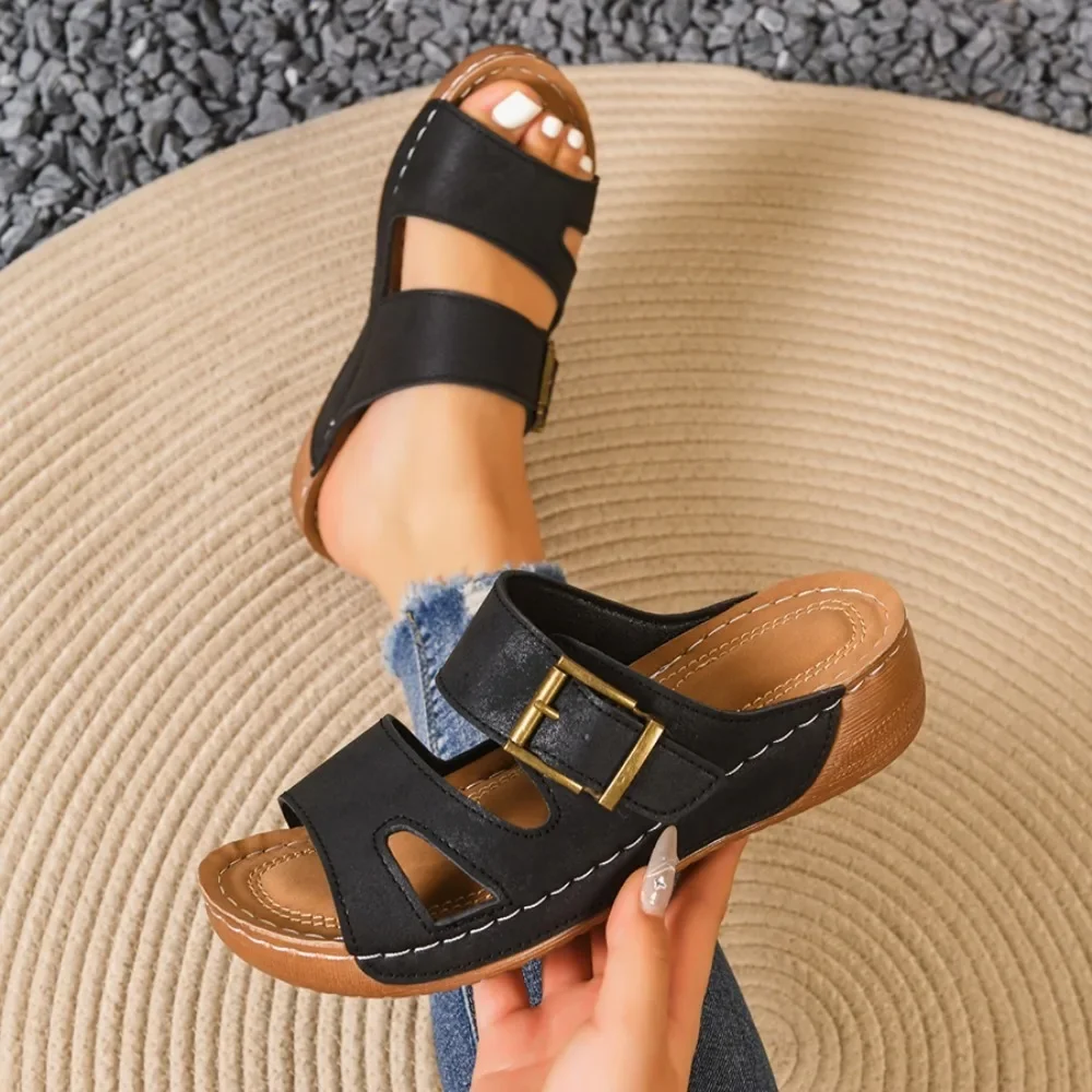 Women Vintage Distressed Wedge Slide Sandals Double Strap Adjustable Metal Buckle Open Toe Slip on Slippers Ladies Summer Casual