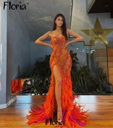 African Black Girl Feather Cocktail Dress Orange Full Beaded Mermaid Party Gowns High Slit Side Evening Dresses De Soiree