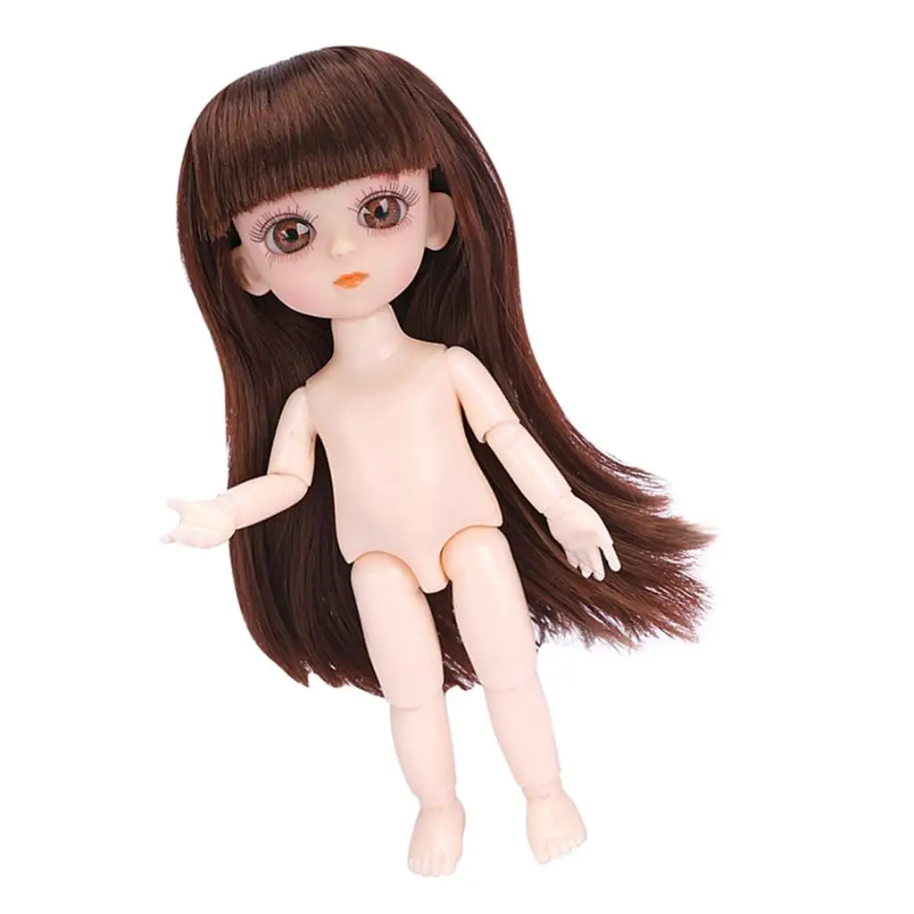 2xFlexible 16cm 13 Jointed 1/12 Mini Girl Doll Nude Body Brown Straight Hair