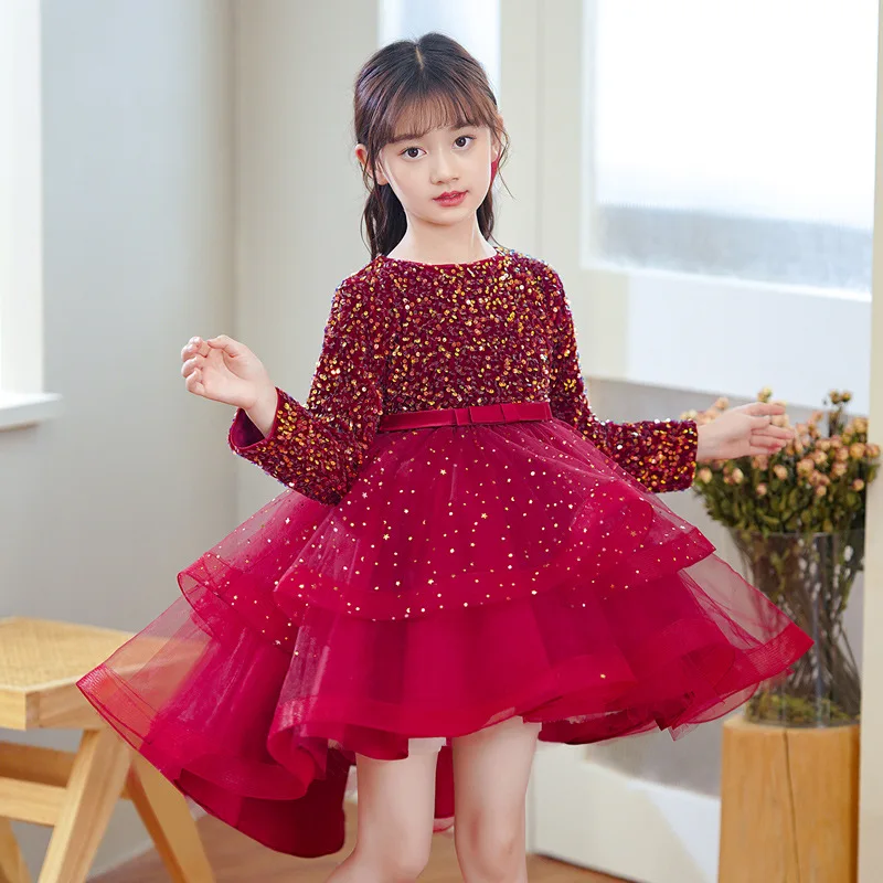 

Girl's Dress Tuxedo Dinner Dress Long Sleeve Trailing Sequin Party Dress Princess Dress Gauze Ball Gown Birthday Dress For Girls