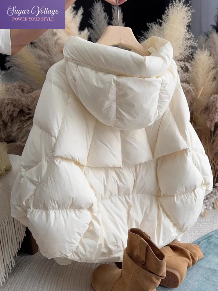 أزياء عارضة معطف المرأة الشتاء الكورية نمط أبيض قصير مقنعين سترة منفوخة سستة سميكة الدافئة مبطن فضفاضة تناسب شيك الزي #1