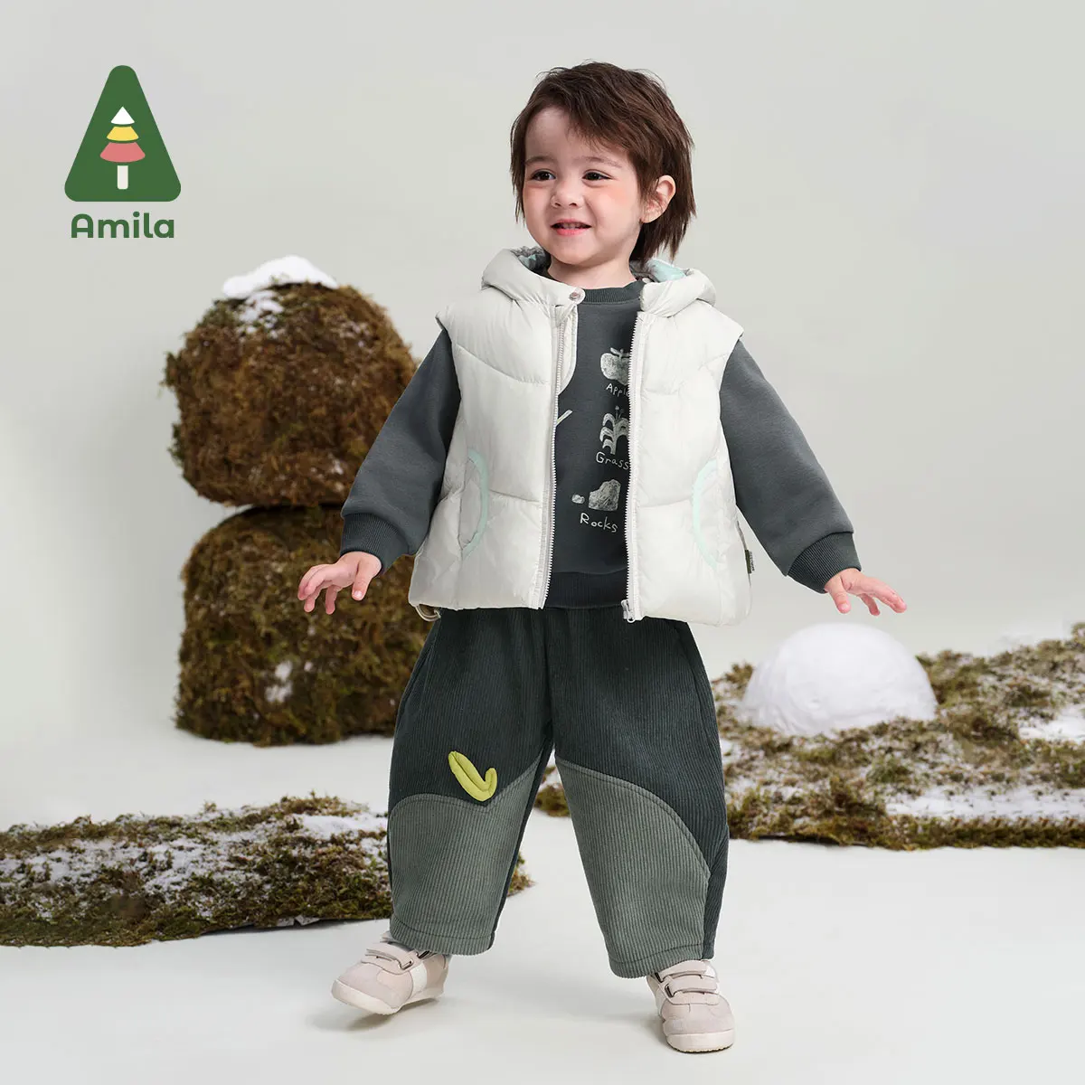 Amila Baby Trousers 2024 Winter New Style Boys And Girls Contrasting Color Plus Velvet Warm And Soft Children\'s Casual Pants