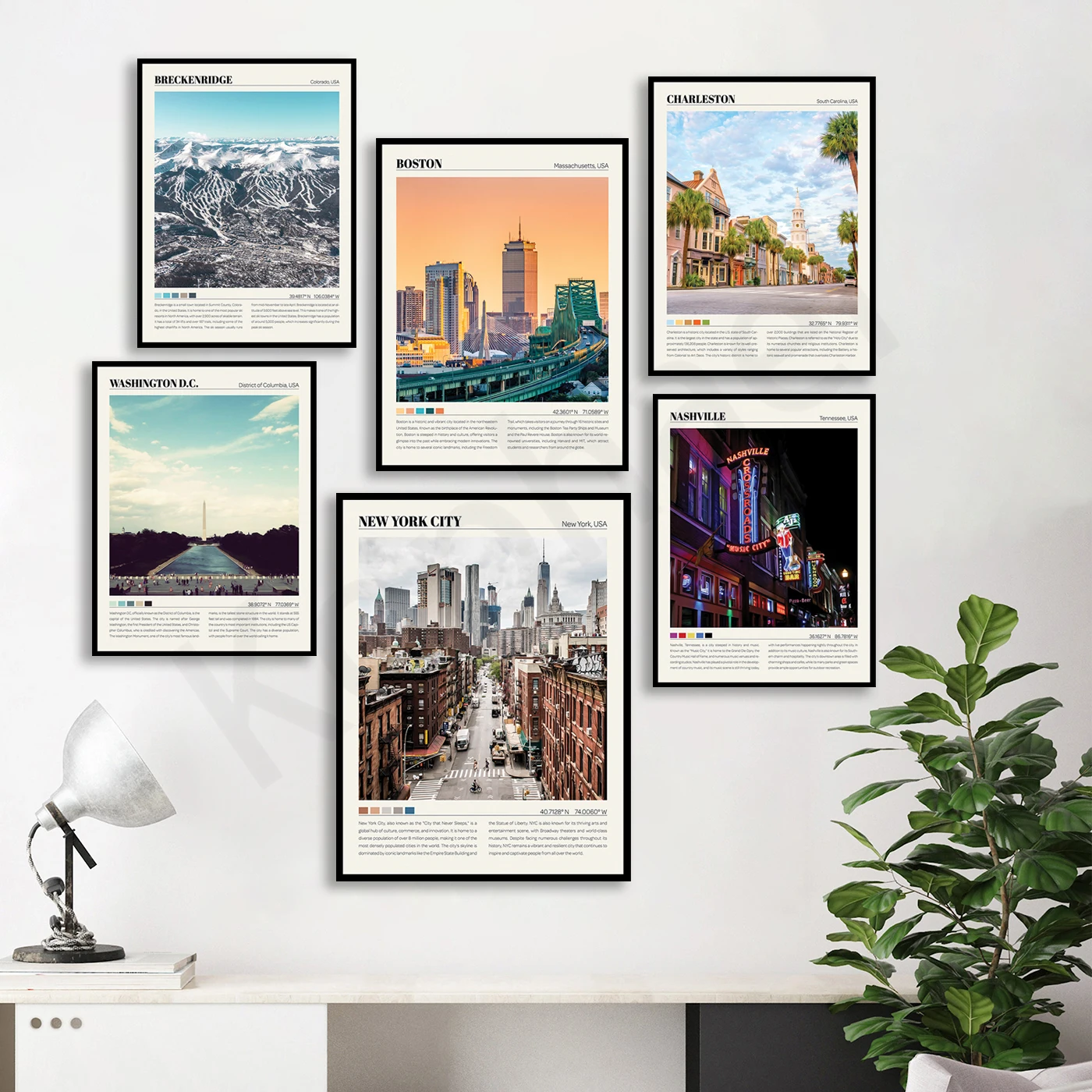 New York Jacksonville Breckenridge Boston Charleston Michigan Washington San Diego Nashville. City Travel Landscape Poster