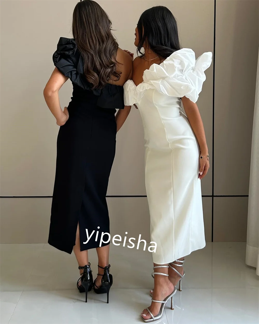  Evening Jersey Ruffle Christmas Sheath One-shoulder Bespoke Occasion Gown Midi Dresses Saudi Arabia  