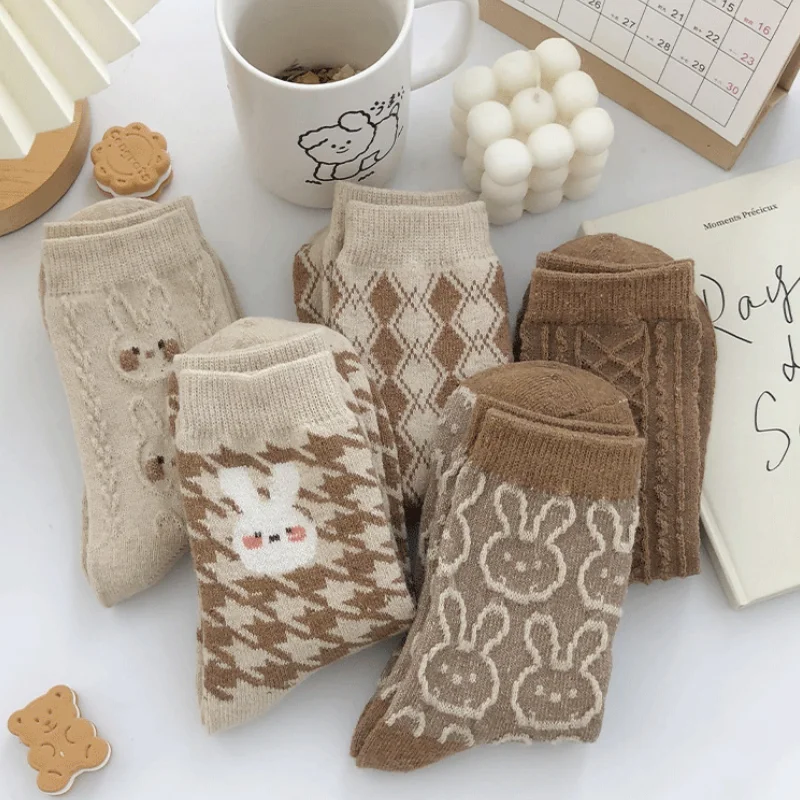 Autumn and Winter Warm Women's Medium Tube Socks Cute Rabbit Diamond Shaped Original Socks Coffee Color Series