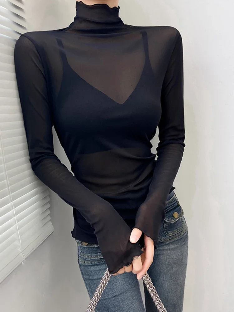 

Thin Black Mesh Women T Shirts See-Through Turtleneck Tshirt Sexy Slim Tops Long Sleeve Streetwear Spring Fashion Tees Mujer