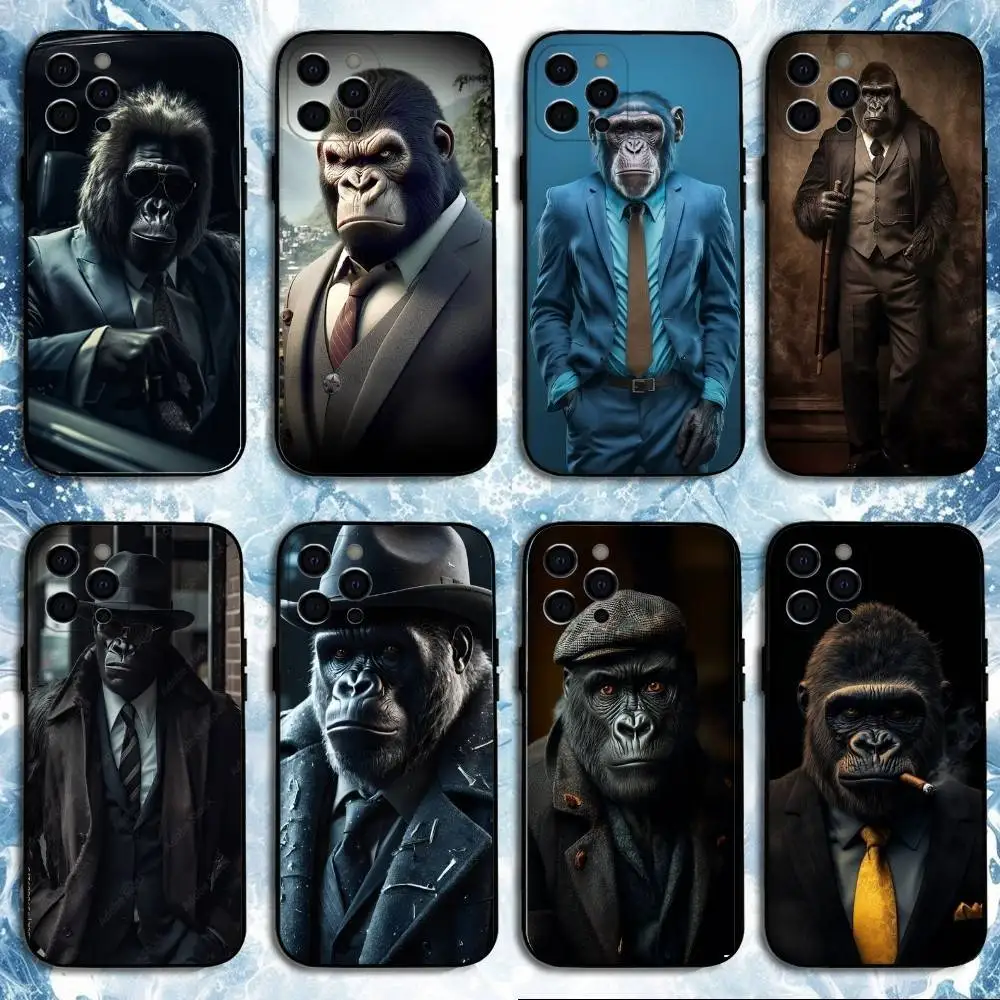 

Gentleman Monkey Orangutan Phone Case For iPhone 16,15,14,13,12,11 Plus,Pro Max, Soft Silicone Black Cover