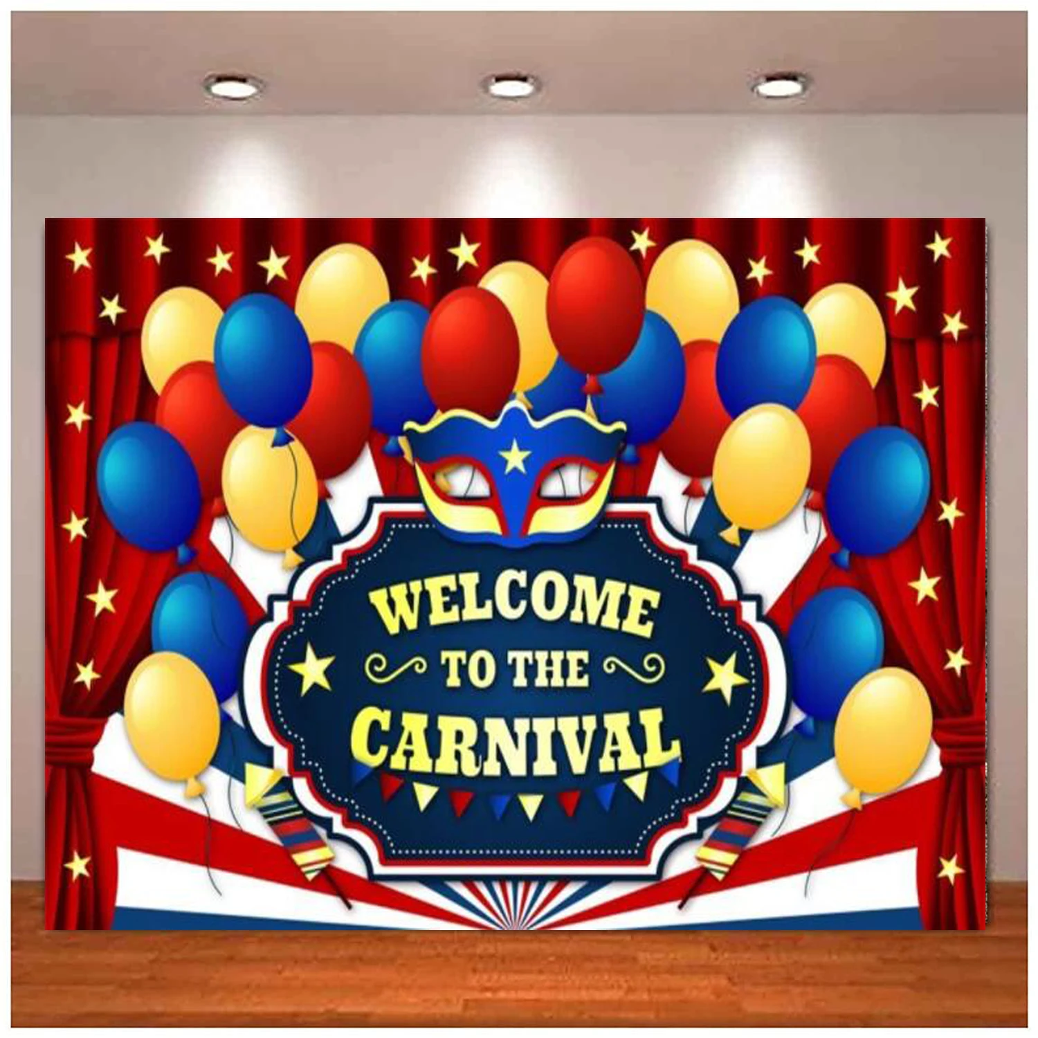 

Coloful Balloons Photography Backdrop Party Red Curtain Tent Circus Interior Decor Masquerade Mask Fiesta Mardi Gras Background