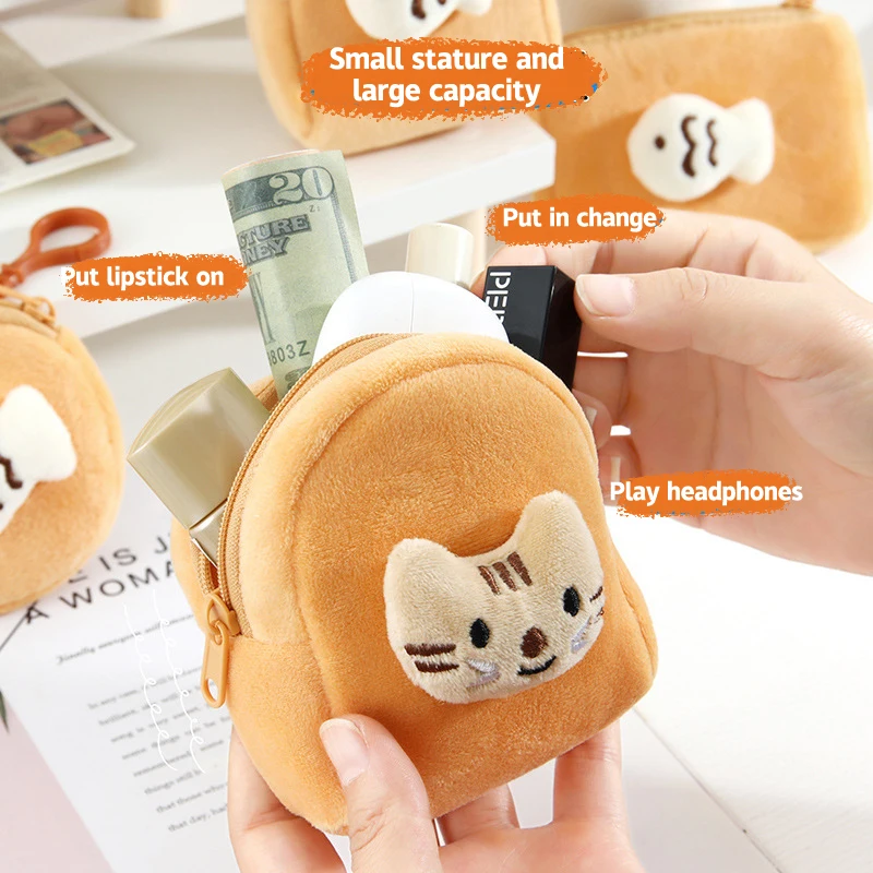 Cartoon Cute Cat Fish Coin Purse Creative Plush Animal Wallet Children Mini Zipper Coin Bag Fashion Earphone Storage Bag