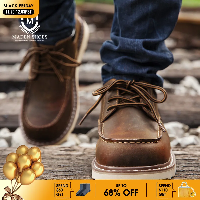 

Maden мужские винтажные рабочие ботинки из натуральной спилка, коричневые туфли дерби с круглым носком, повседневные модельные ботинки на шнуровке для офиса и бизнеса