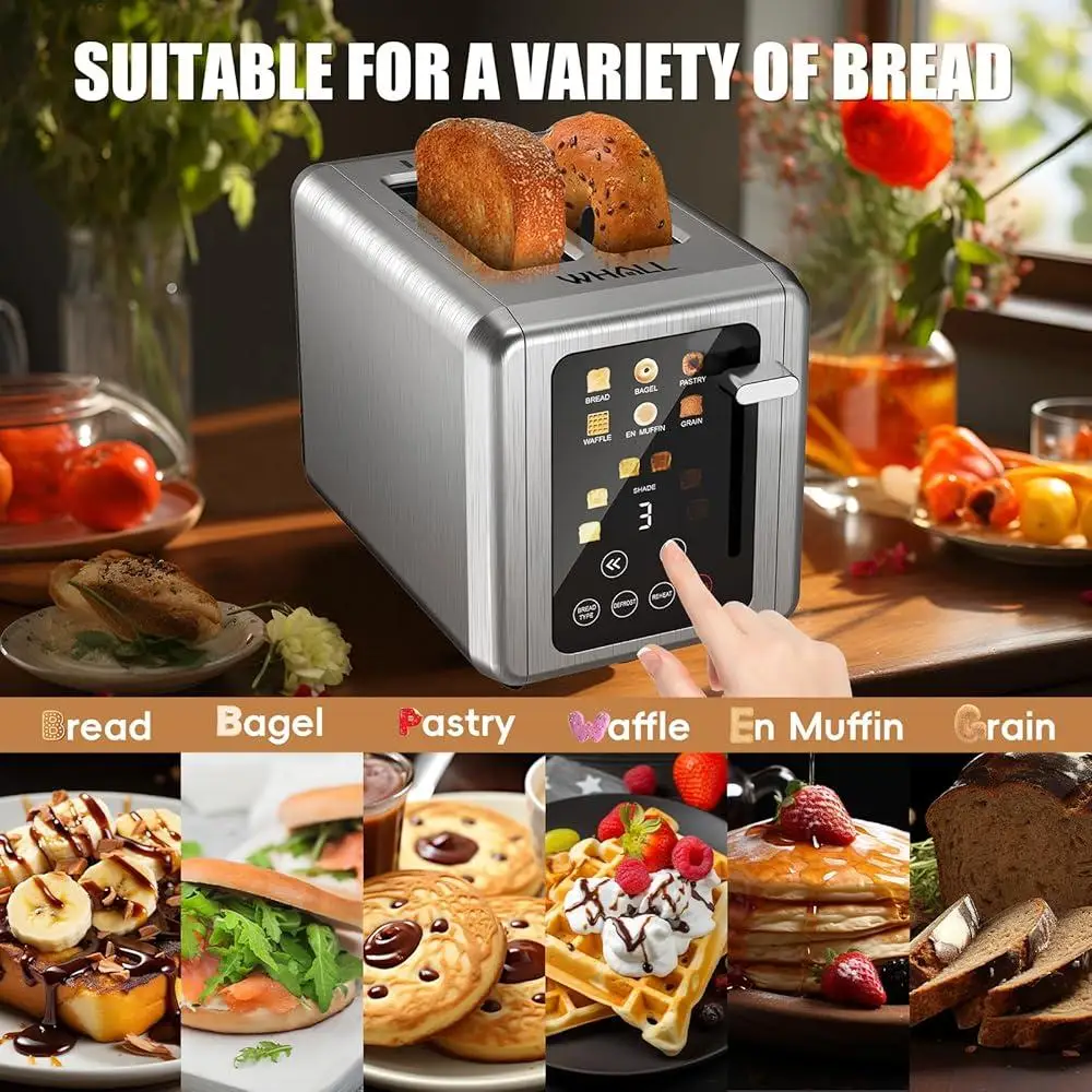 Touch Screen Toaster 2 Slice Stainless Steel Digital Timer 6 Bread Types 6 Shade Settings Extra Wide Slots Defrost Bagel Cancel