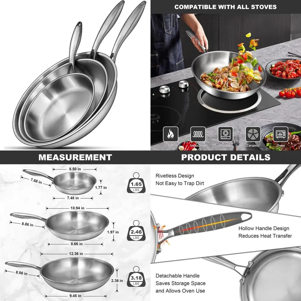 

Набор сковородок из нержавеющей стали, 8, 10, 12 сковородок, антипригарное покрытие, без PFOA и PTFE, индукционная совместимость, посуда можно мыть в посудомоечной машине