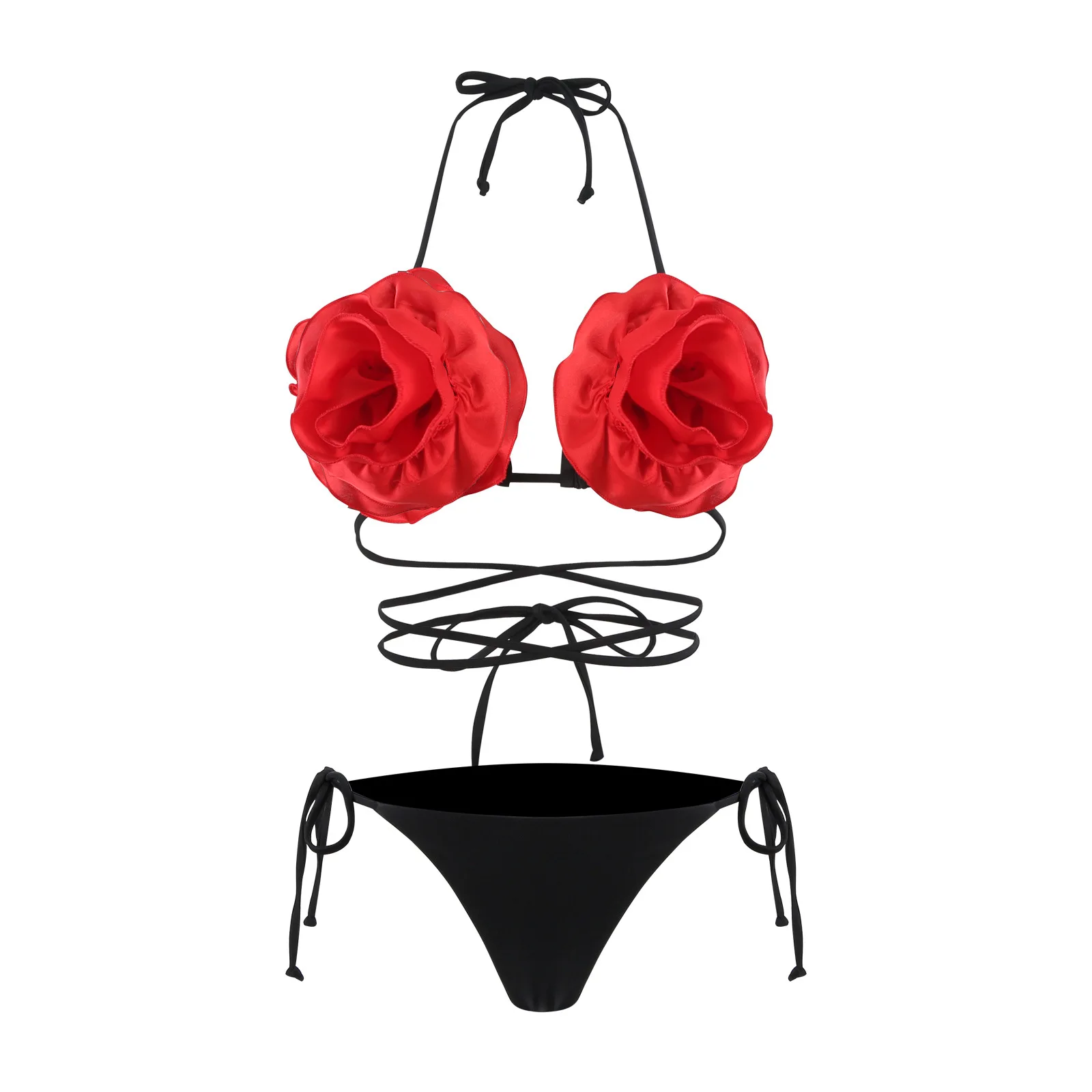 2024 Sexy 3D Flower Halter Neck Lace Up Brazilian Thong Bikini Set for Women Summer Swimwear Beachwear Biqunis Mujer Resort