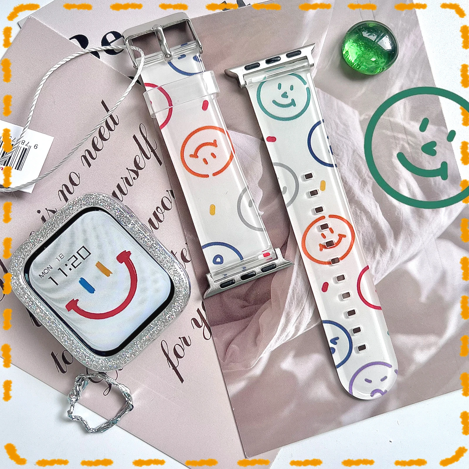 

Transparent Smiling Face Printed Strap for Apple Watch 10 9 8 Band Replaceable Bracelet for iWatch 46mm 42mm 41mm 40mm Watchband