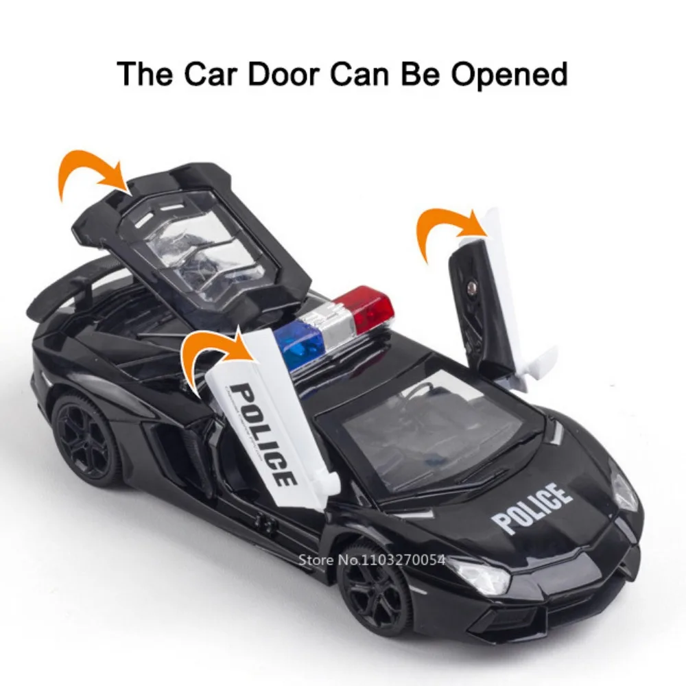 1/32 LP740 Car Model Toy Diecast Alloy Police Cars Sound Light Pull Back Door Can Opened High Simulation Toys Kids Festival Gift