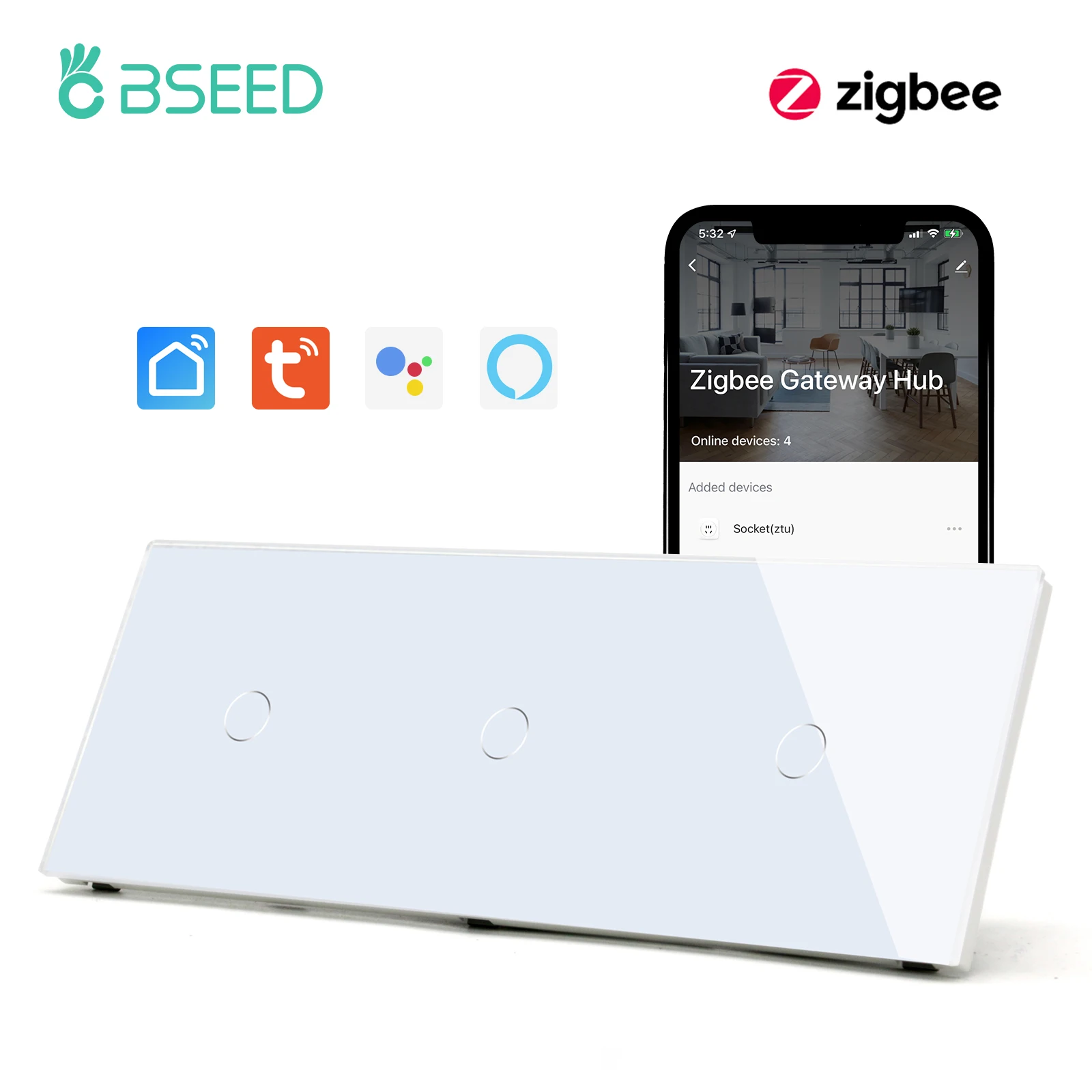 BSEED WIFI ZigBee Wall Touch Switch Triple 3/6/9Gang Wireless Smart EU Touch Light Switch Tuya Google Home App No Neutral Wire