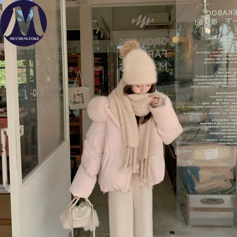 여성용 후드 겨울 다운 재킷 우아한 모피 칼라 두꺼운 캐주얼 루즈 숏 한국 패션 파카 따뜻한 코트