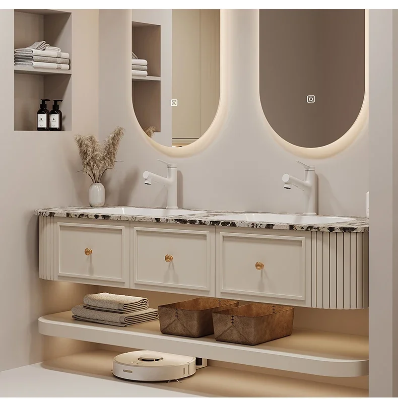 Комбинированный шкаф для ванной комнаты во французском кремовом стиле с двойной раковиной, роскошный каменный светильник, роскошный встроенный умывальник