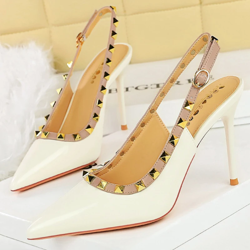 BIGTREE Shoes Rivet Design Women Pumps Patent Leather High Heels Sexy Party Shoes Stiletto Summer High Heeled Sandals Women Heel
