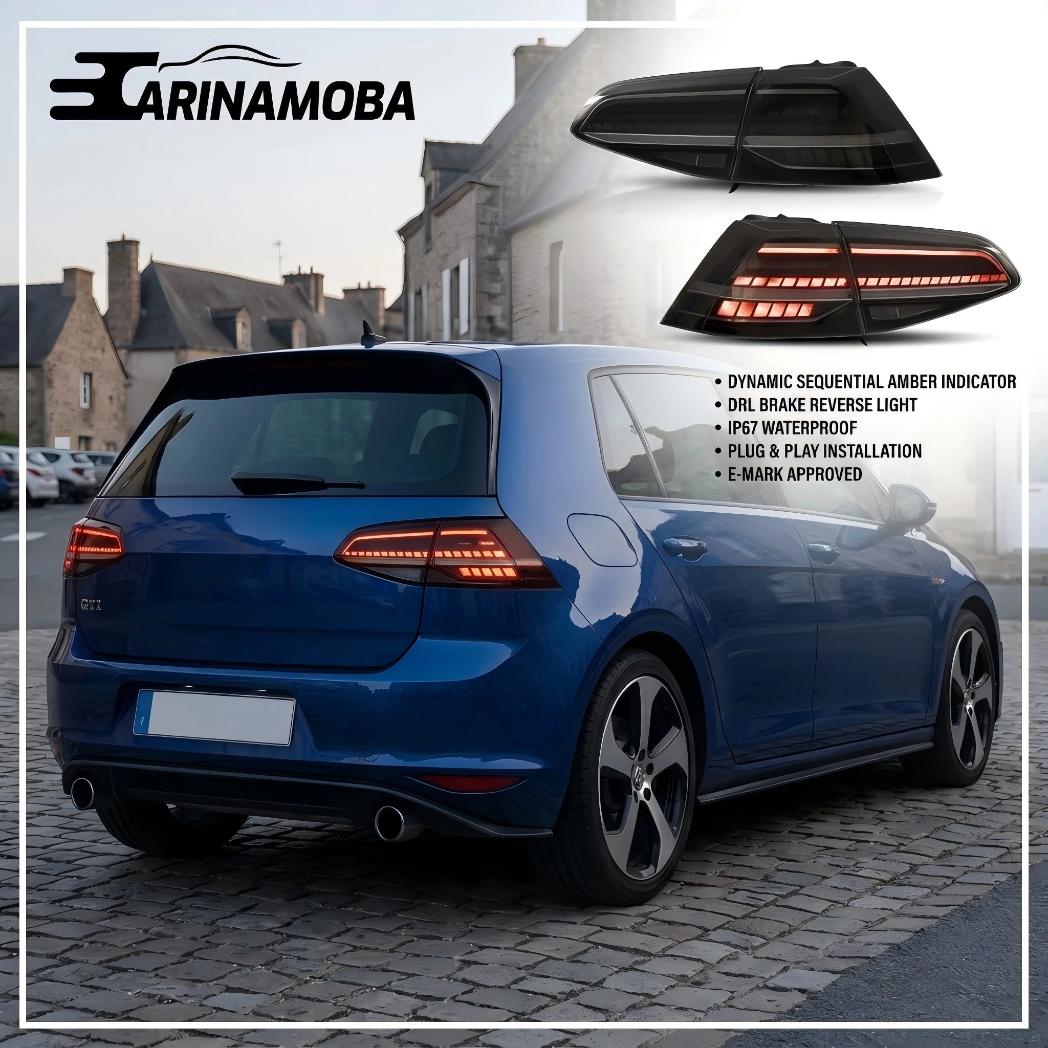 CARINAMOBA 2 Stück LED-Rückleuchten für Volkswagen VW Golf 7 MK7 MK7.5 Schrägheck GTI R 2013-2021, Dynamische Sequentielle Bernsteinfarbene Blinker, DRL Brems- und Rückfahrlicht, E-Kennzeichnung, Plug